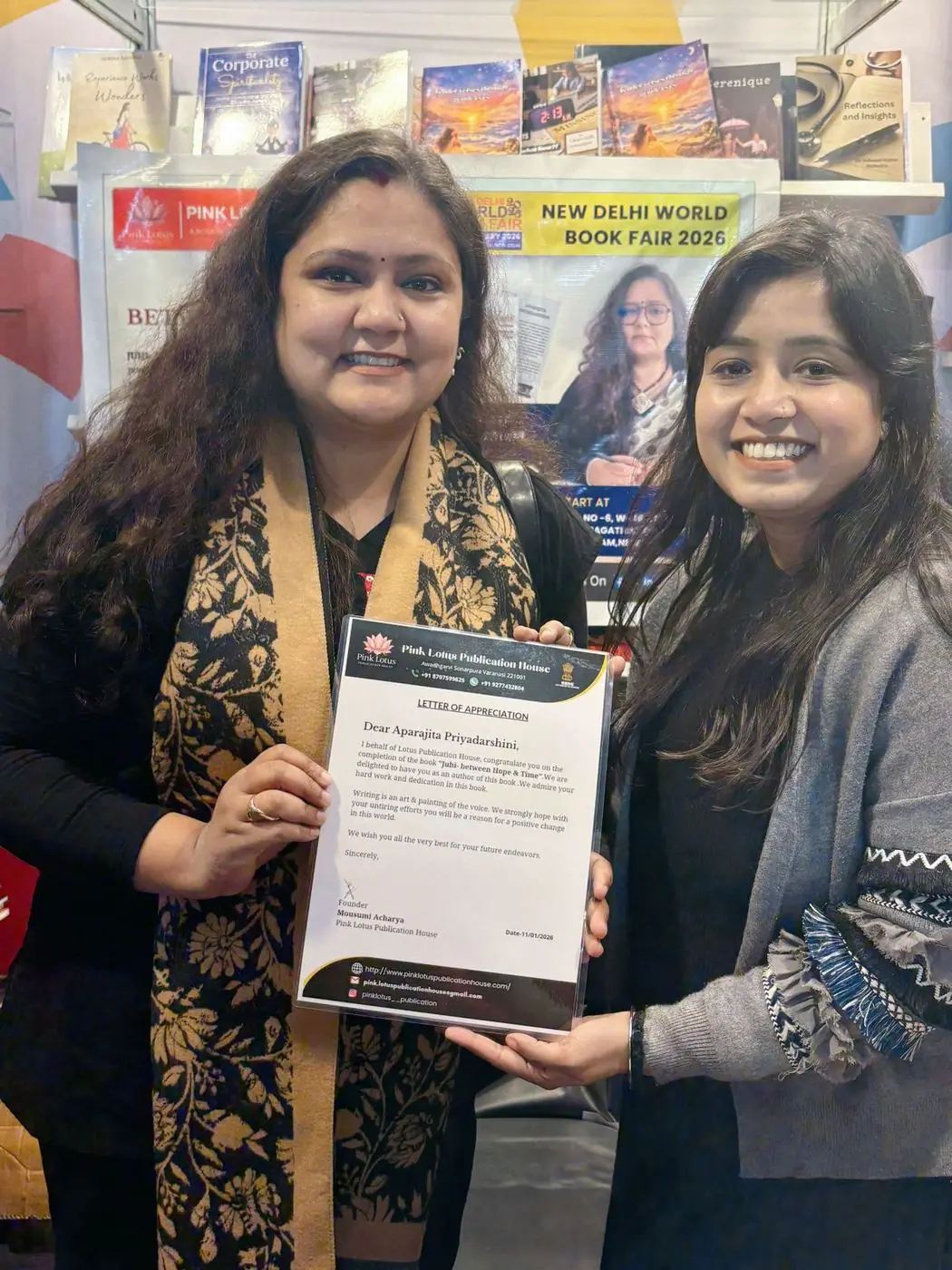 New Delhi World Book Fair 2026 — Letter of Appreciation presented to author Aparajita Priyadarshini for Juhi: Between Hope & Time