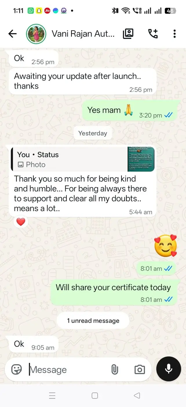 WhatsApp message from author Vani Rajan thanking the Pink Lotus team
