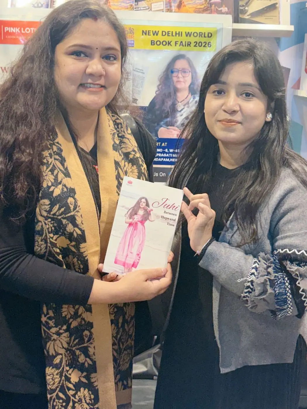 World Book Fair 2026 — author Aparajita Priyadarshini with her book Juhi at the Pink Lotus stall
