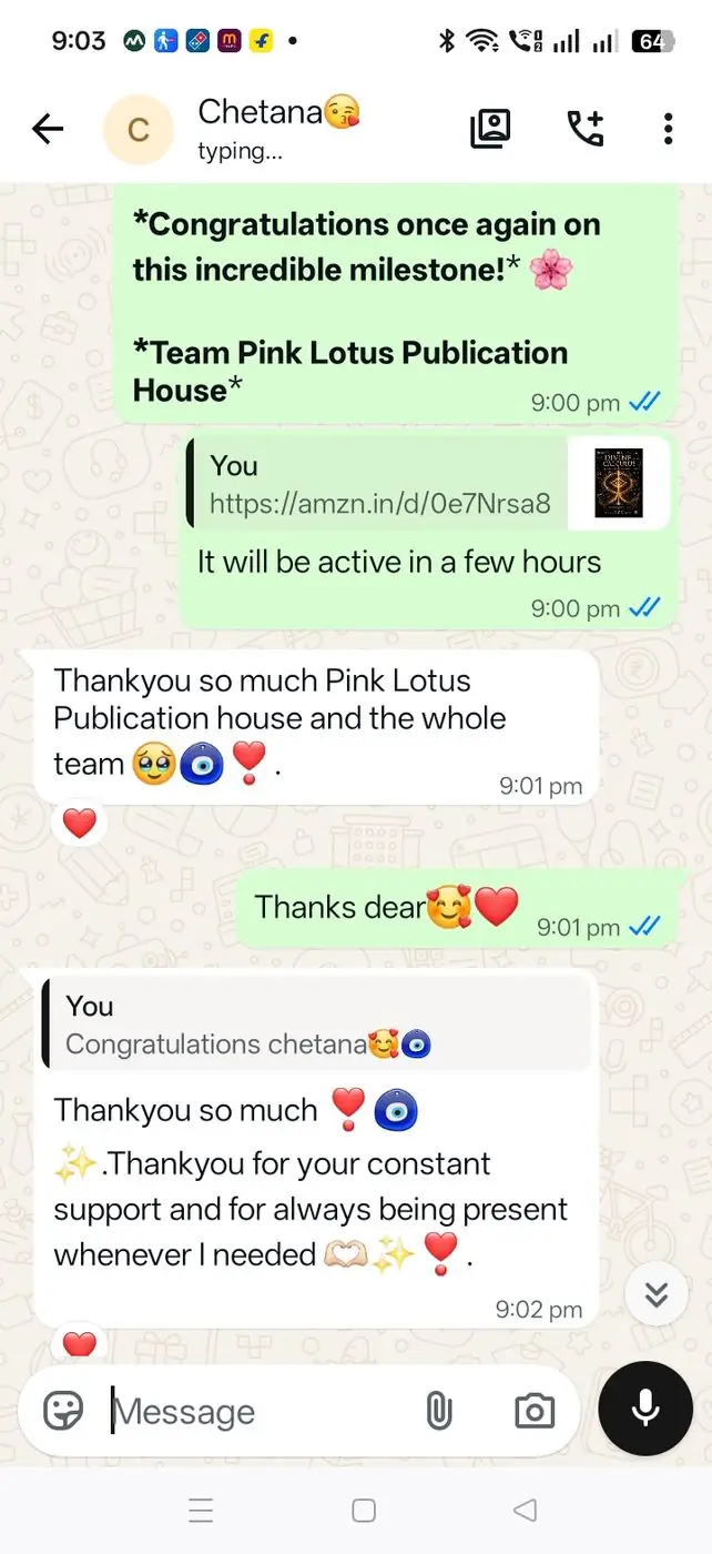 WhatsApp message from author Chetana thanking the Pink Lotus team after her Amazon launch
