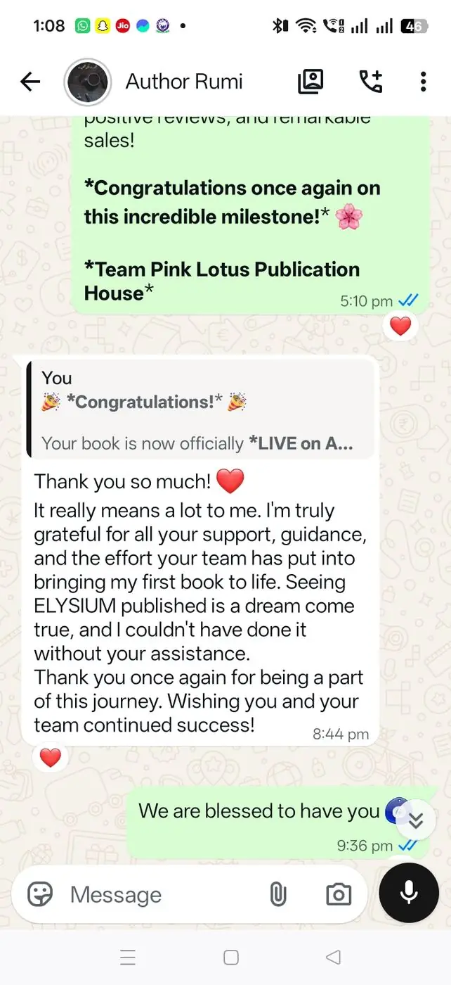 WhatsApp message from Author Rumi celebrating her first published book