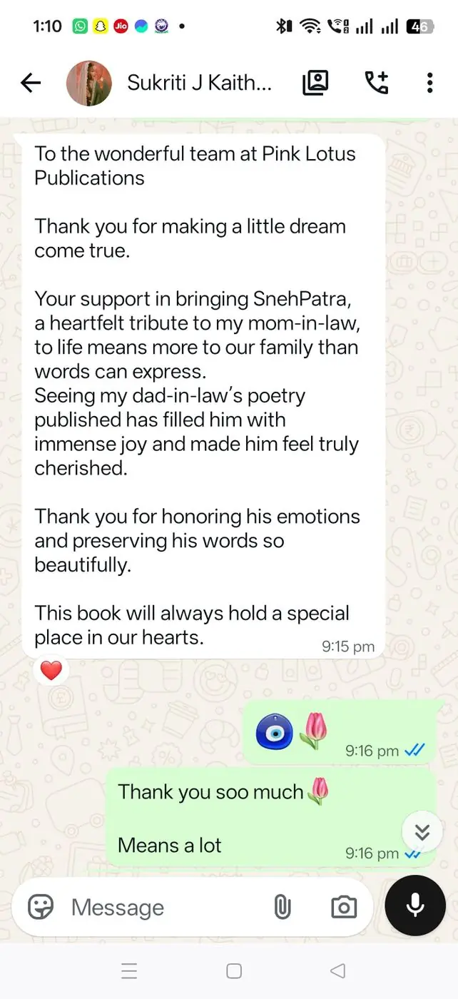 WhatsApp message from author Sukriti J Kaith about the book SnehPatra