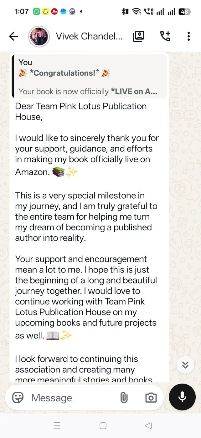 WhatsApp note from author Vivek Chandel about his book going live on Amazon
