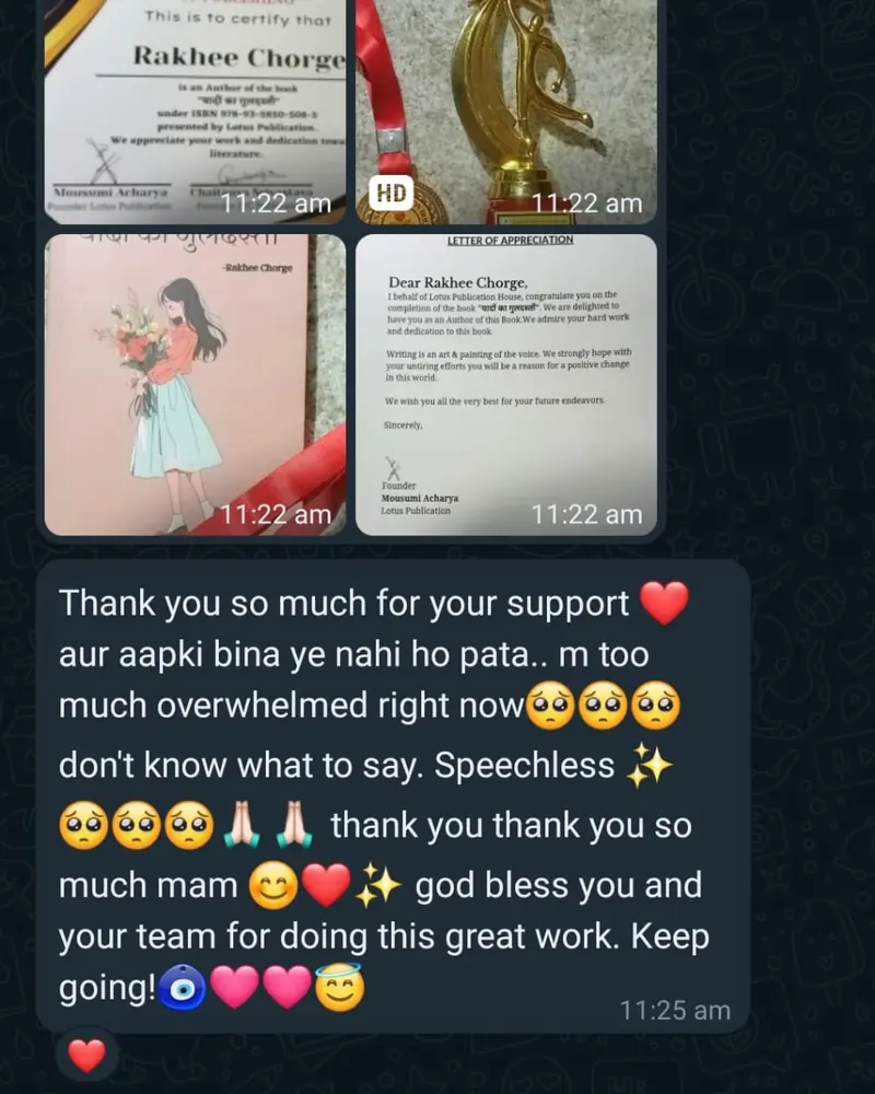 Author Rakhee Chorge sharing her certificate, trophy and appreciation letter from Pink Lotus