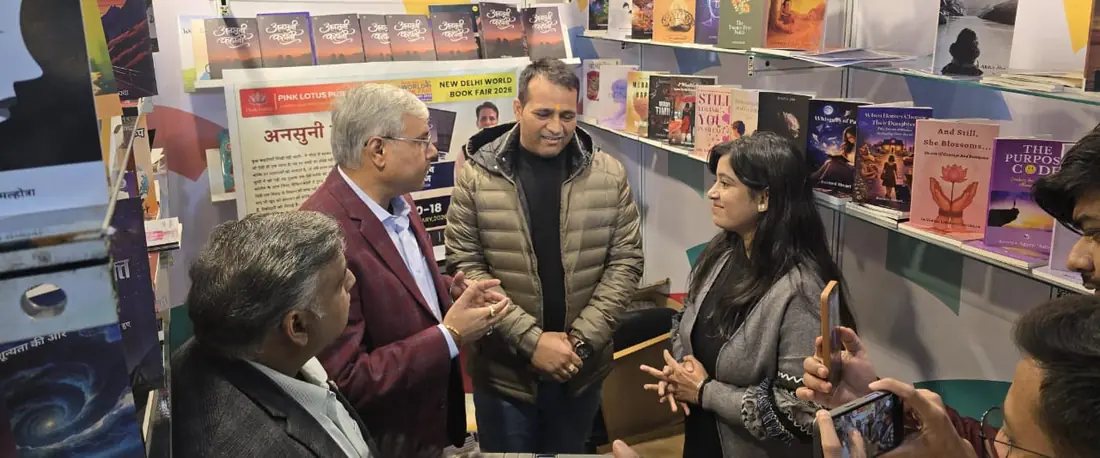 World Book Fair 2026 — guests in conversation at the Pink Lotus Publication House stall